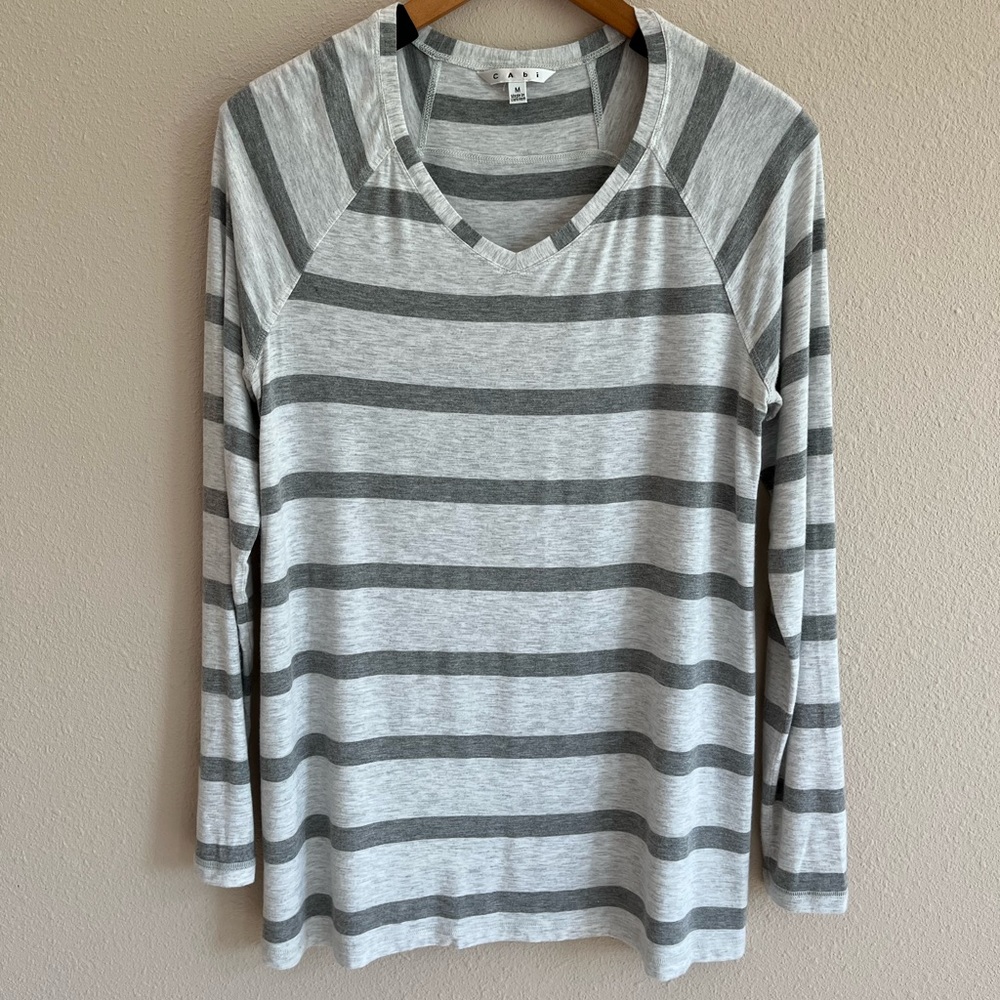 CAbi Grey and Cream Striped Long Sleeve Tee